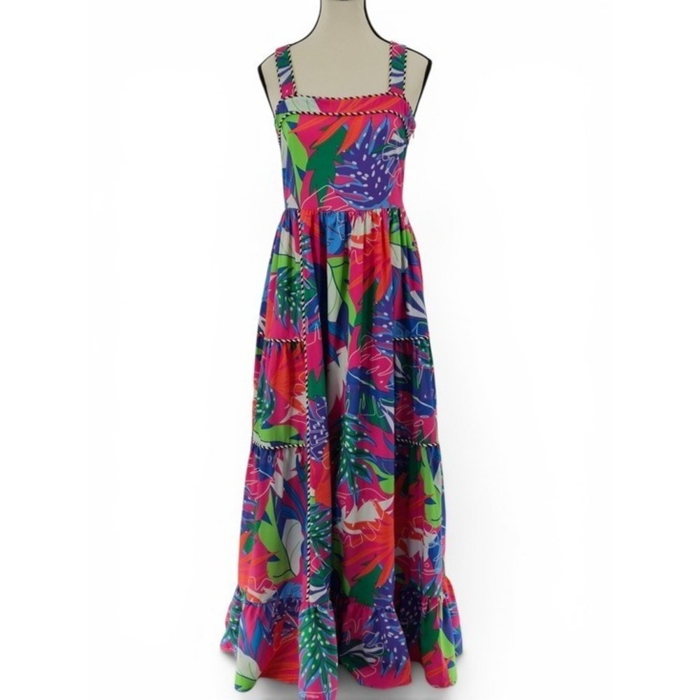 Entro NWT Tropical Floral Tiered Maxi Sundress S Colorful Resort Vacation Cruise